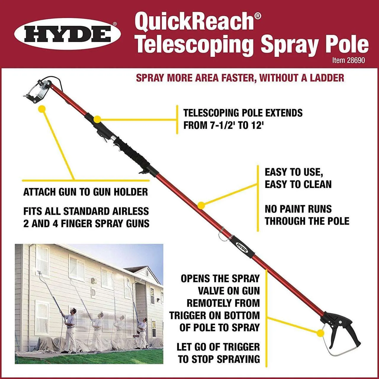 4.5' - 6.5' Hyde QuickReach Short Telescoping Spray Pole, Extra Reach Without Needing A Ladder