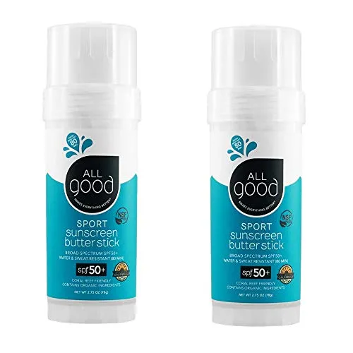 All Good Sports Mineral Sunscreen Butter Stick for Face, Nose, Ears - UVA/UVB Broad Spectrum SPF 50, Coral Reef Friendly, Water Resistant, Zinc Oxide, Coconut Oil, Beeswax, Vitamin E (2.75 oz)(2-pack)
