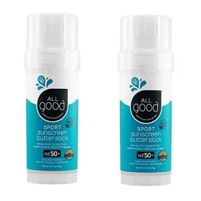 All Good Sports Mineral Sunscreen Butter Stick for Face, Nose, Ears - UVA/UVB Broad Spectrum SPF 50, Coral Reef Friendly, Water Resistant, Zinc Oxide, Coconut Oil, Beeswax, Vitamin E (2.75 oz)(2-pack)
