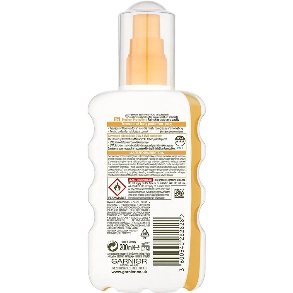 Garnier Ambre Solaire Clear Protect Sun Cream Spray SPF 20, 200ml