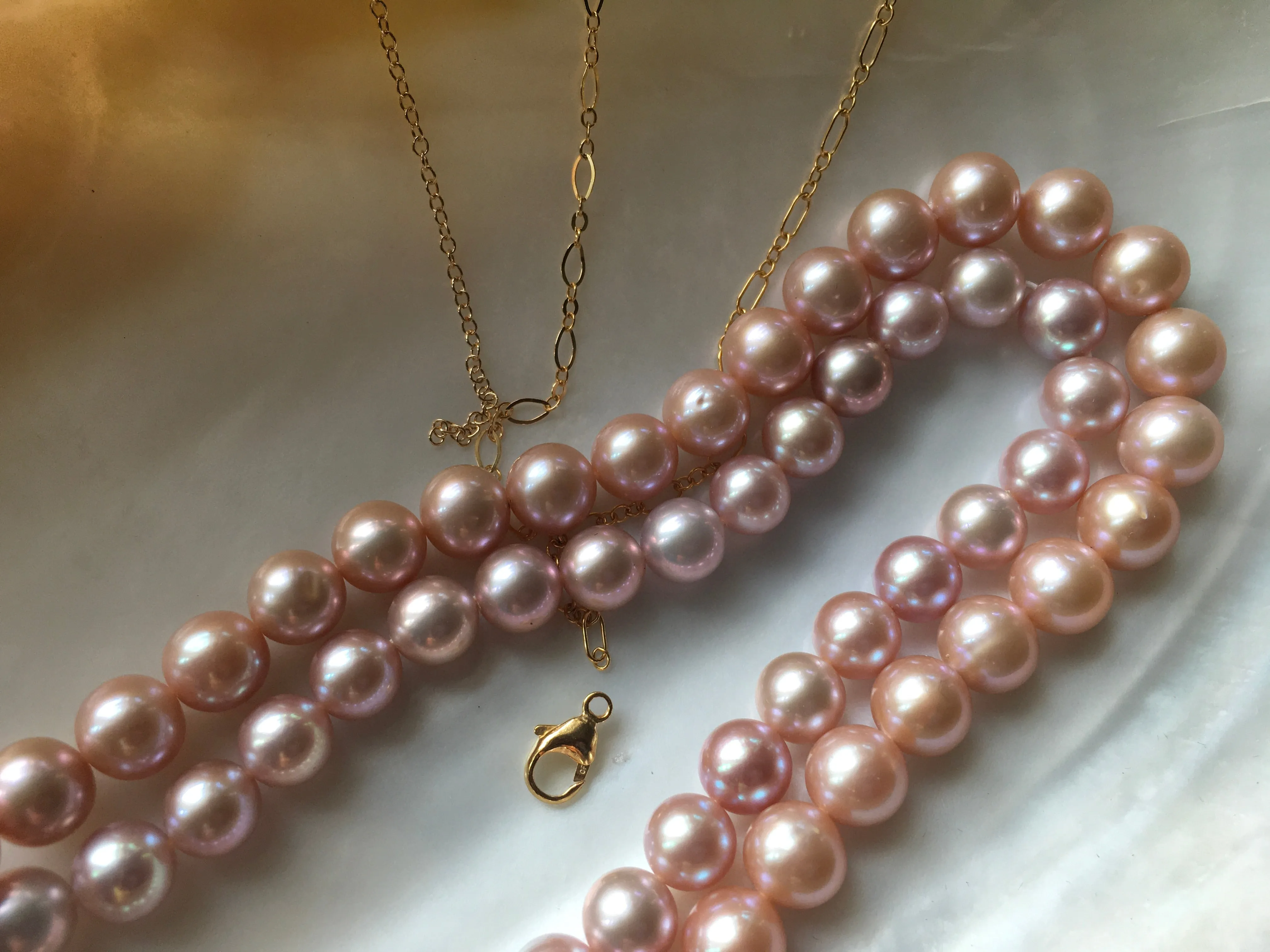 Long Station Pearl Necklace | Converts to Double strand | AAA 8mm Natural Pink Freshwater Cultured | Tin Cup Style Necklace Pearls on Chain
