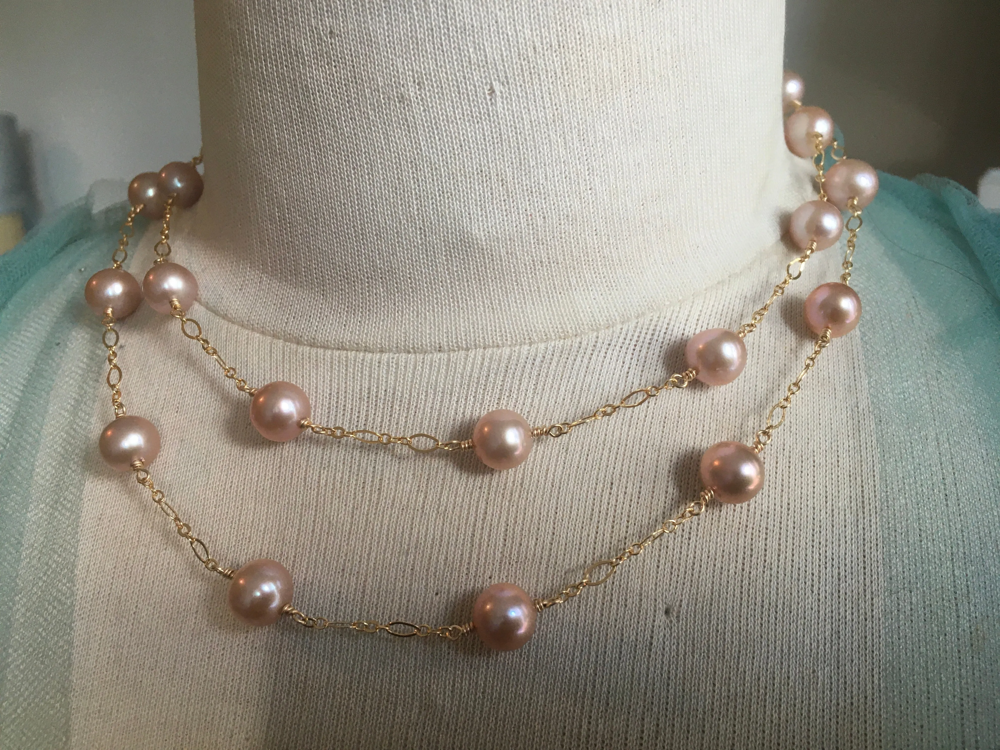 Long Station Pearl Necklace | Converts to Double strand | AAA 8mm Natural Pink Freshwater Cultured | Tin Cup Style Necklace Pearls on Chain