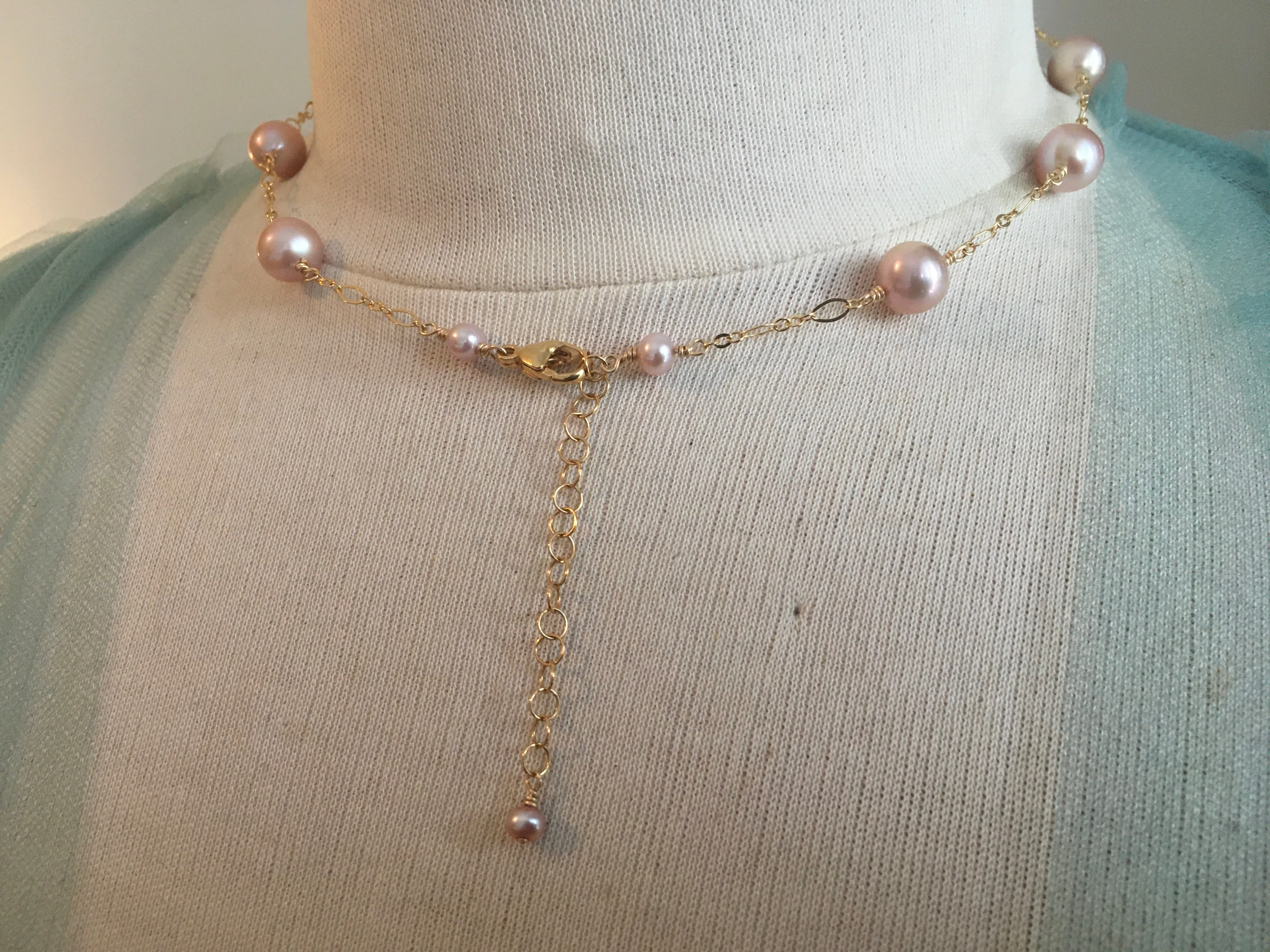 Long Station Pearl Necklace | Converts to Double strand | AAA 8mm Natural Pink Freshwater Cultured | Tin Cup Style Necklace Pearls on Chain