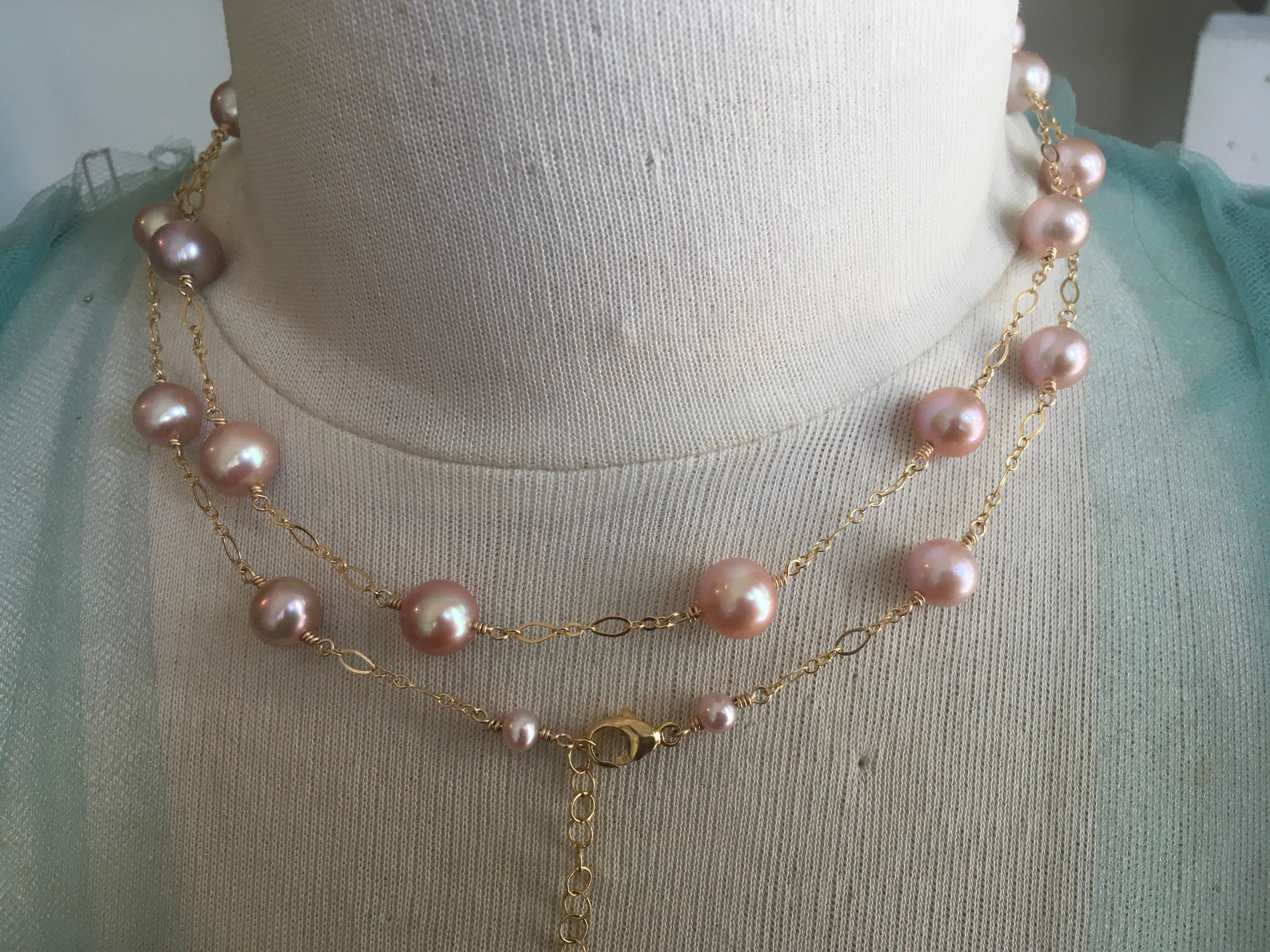 Long Station Pearl Necklace | Converts to Double strand | AAA 8mm Natural Pink Freshwater Cultured | Tin Cup Style Necklace Pearls on Chain