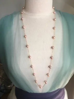 Long Station Pearl Necklace | Converts to Double strand | AAA 8mm Natural Pink Freshwater Cultured | Tin Cup Style Necklace Pearls on Chain